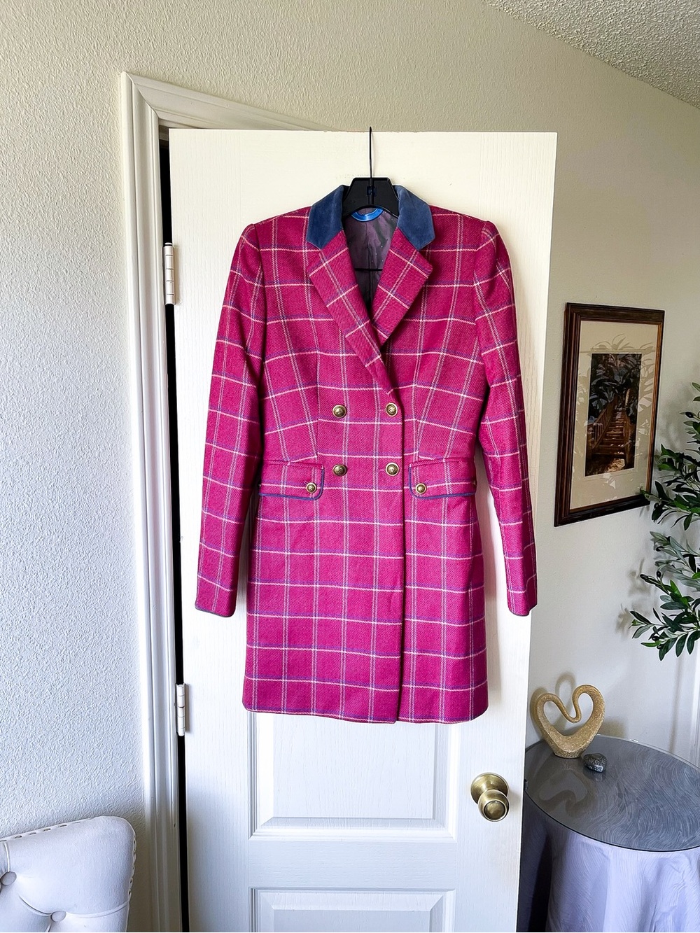 The Extreme Collection Windowpane Wool Blazer Coat Berry 38 EUC